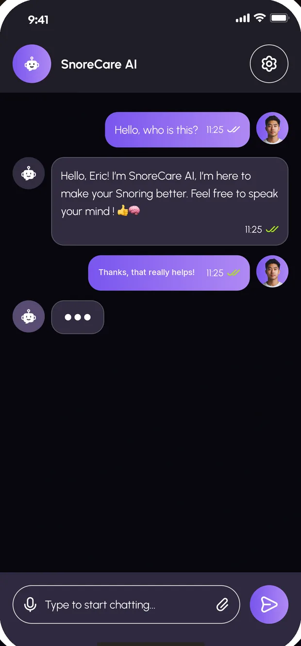The SnoreCare AI chat screen with a greeting and a message box