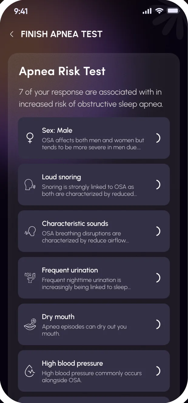 The SnoreCare Apnea Risk Test screen listing factors such as loud snoring and dry mouth