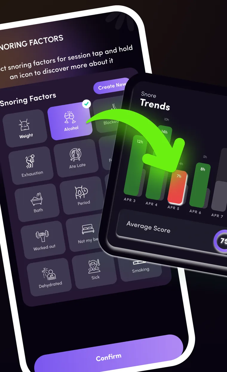 The SnoreCare Snoring Factors screen with factor icons such as Alcohol, Exhaustion and Ate Late, overlapping the Trends screen