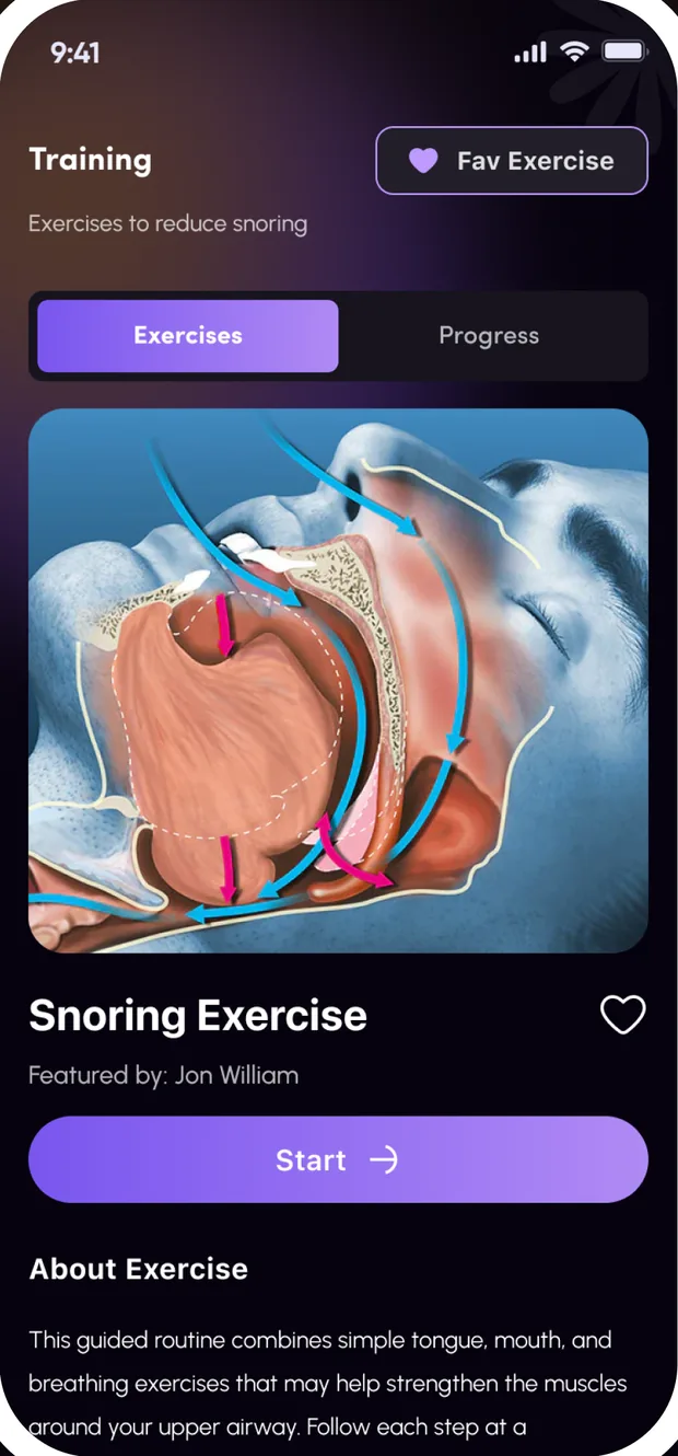 The SnoreCare SnoreGym screen with an exercise, a Start button and Exercises and Progress tabs
