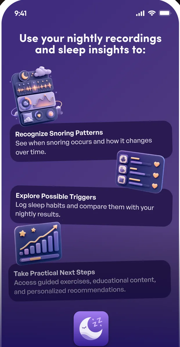 The SnoreCare insights screen: recognize snoring patterns, explore possible triggers and take practical next steps