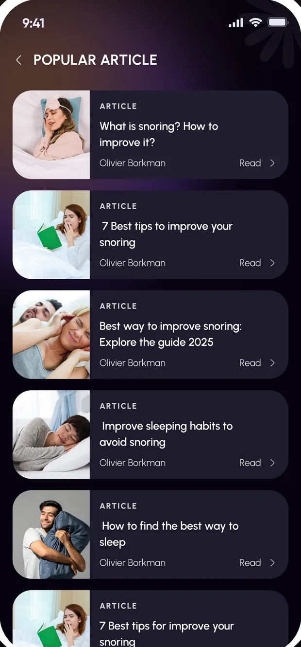 The SnoreCare Learn screen with a list of articles about snoring